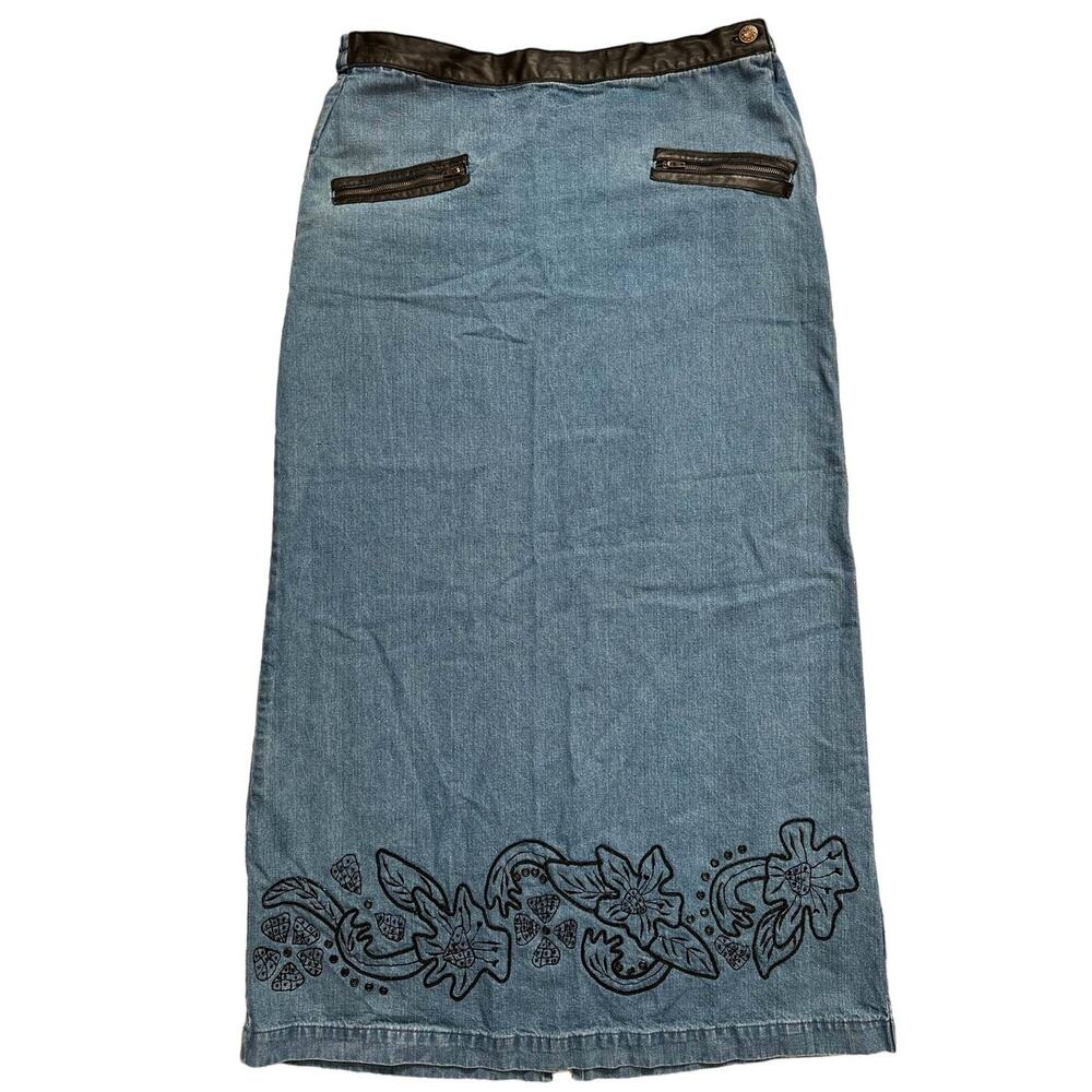 Vintage Keren Hart Small Jean Denim Maxi Skirt Floral Embroidered Leather Trim